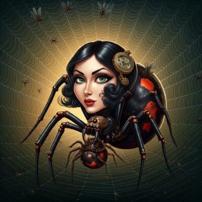 Steampunk black widow spider with girls head attempting to eat her prey